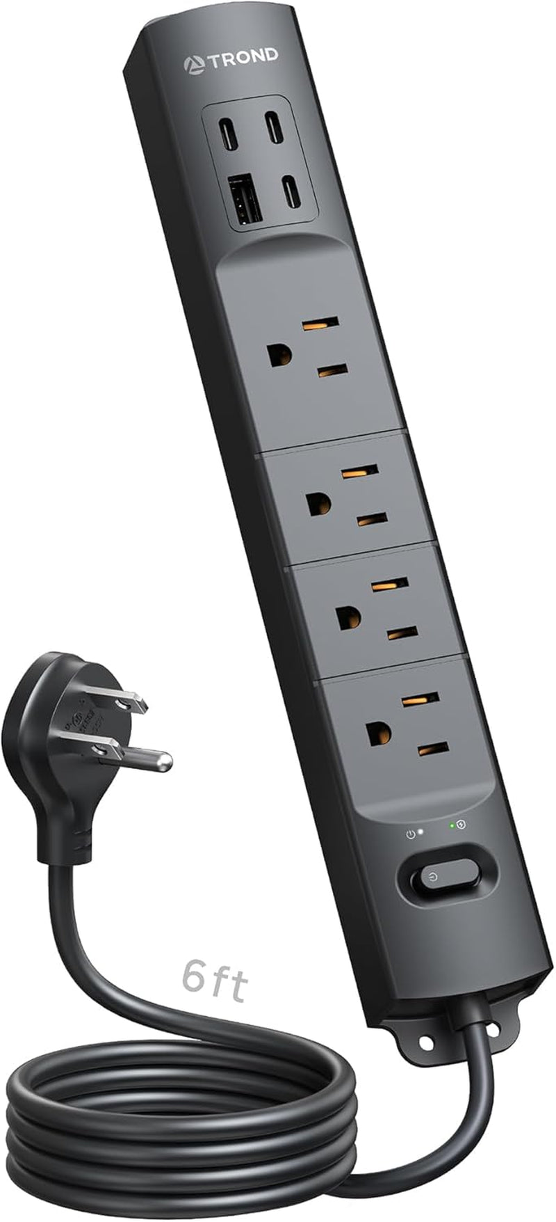 Flat Plug Power Strip Surge Protector, Power Strip with USB Ports, 3 USB C and 1 USB A, 1440 Joules, ETL Listed, 1625W, Wall Outlet Extender, 6Ft Extension Cord for Home Office Dorm, Black