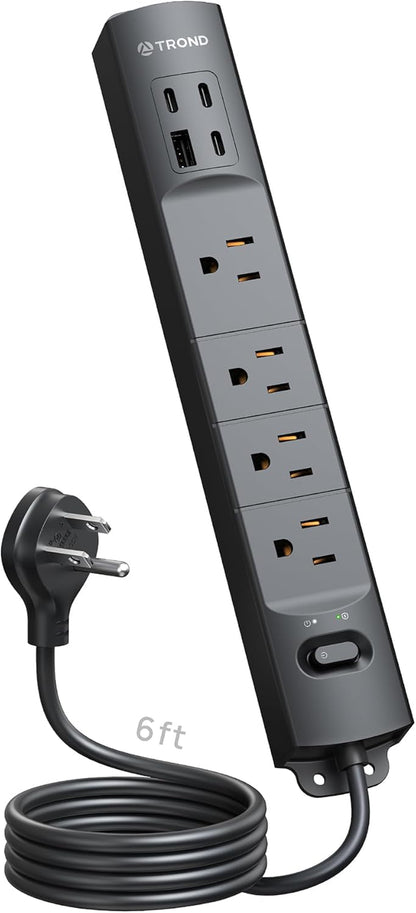 Flat Plug Power Strip Surge Protector, Power Strip with USB Ports, 3 USB C and 1 USB A, 1440 Joules, ETL Listed, 1625W, Wall Outlet Extender, 6Ft Extension Cord for Home Office Dorm, Black
