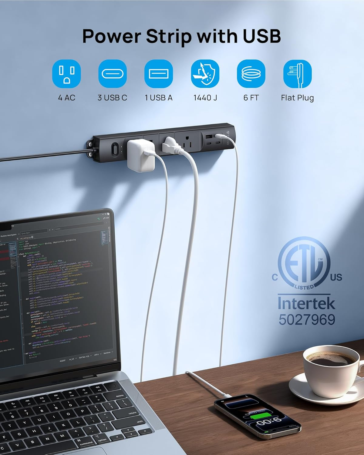 Flat Plug Power Strip Surge Protector, Power Strip with USB Ports, 3 USB C and 1 USB A, 1440 Joules, ETL Listed, 1625W, Wall Outlet Extender, 6Ft Extension Cord for Home Office Dorm, Black