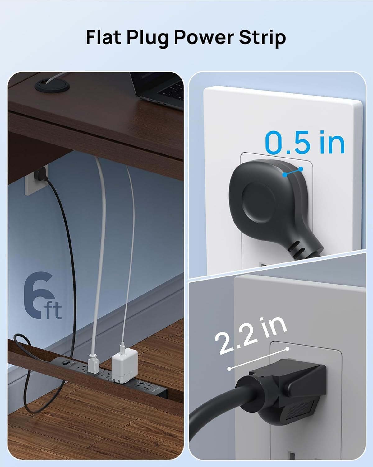 Flat Plug Power Strip Surge Protector, Power Strip with USB Ports, 3 USB C and 1 USB A, 1440 Joules, ETL Listed, 1625W, Wall Outlet Extender, 6Ft Extension Cord for Home Office Dorm, Black